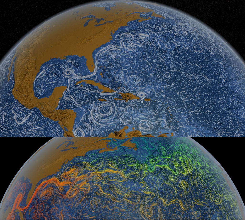 Figure 2. Stills from NASA Data Visualization of “Our Perpetual Ocean”: Gulf Stream Flows (Top) and Sea Surface Temperature (Bottom). [Click image for full size version.] (Credit: <a href="http://svs.gsfc.nasa.gov/cgi-bin/details.cgi?aid=3913" target="_blank">NASA/Goddard Space Flight Center Visualization Studio</a>)