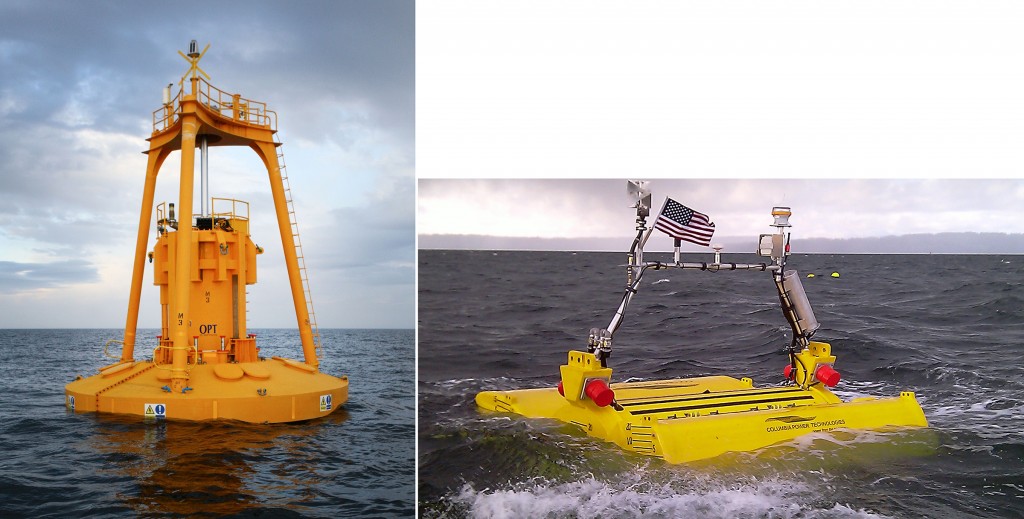 Figure 6. Wave Energy Conversion Devices. Left: A “Power Buoy” Oscillating Water Column off the Coast of Scotland (Credit: Ocean Power Technologies, NREL 22857) and Right: A Point Absorber Wave Energy Converter off the Coast of Washington (Credit: Columbia Power Technologies, NREL 19381) [Click image for full size version.]