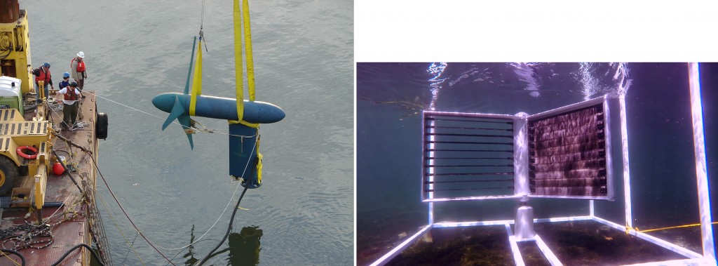 Figure 7. Tidal Current Conversion Systems Being Tested. Left: A Horizontal Device Being Submerged (Credit: Verdant Power, NREL 17209) and Right: A Vertical MHK Turbine (Credit: Crowd Energy). [Click image for full size version.]
