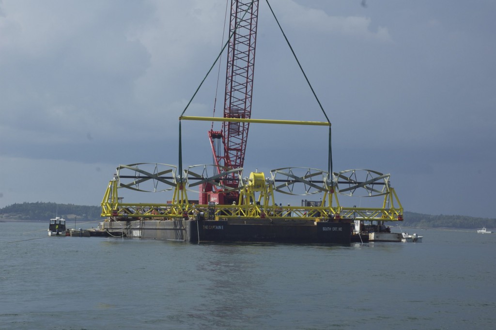 Figure 8. Installation of a Helical Tidal and Deep-River Current Conversion System. [Click image for full size version.] (Credit: Ocean Renewable Power Company)