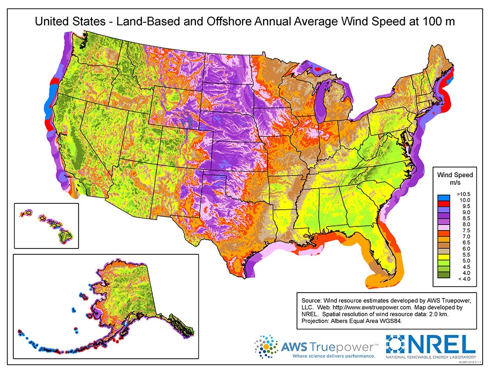 Figure 5. Land-Based and Offshore Annual Average Wind Speeds in the U.S. at 100 Meter Hub Height