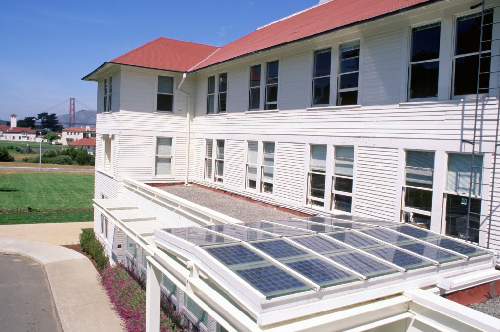 Figure 8. Building-integrated solar PV can also take the form of PV cells laminated directly to windows or skylight glass as shown in the Thoreau Center for Sustainable Development in San Francisco, California. Credit: Atlantis Energy, Inc. / Courtesy of NREL.