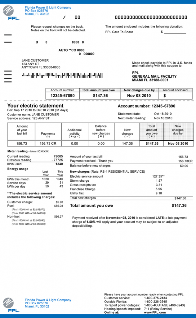 Figure 2: Sample residential electric bill. [Click image for full size version.] Credit: Florida Power & Light Company.