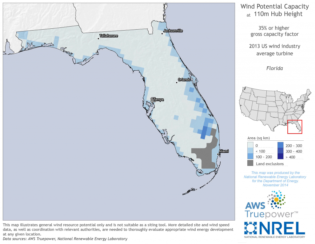 Figure 6. Florida Wind Potential Capacity at 110m Hub Height