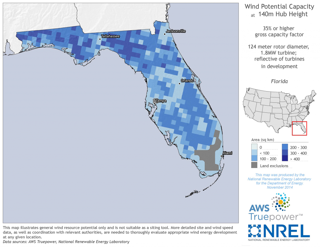 Figure 7. Florida Wind Potential Capacity at 140m Hub Height